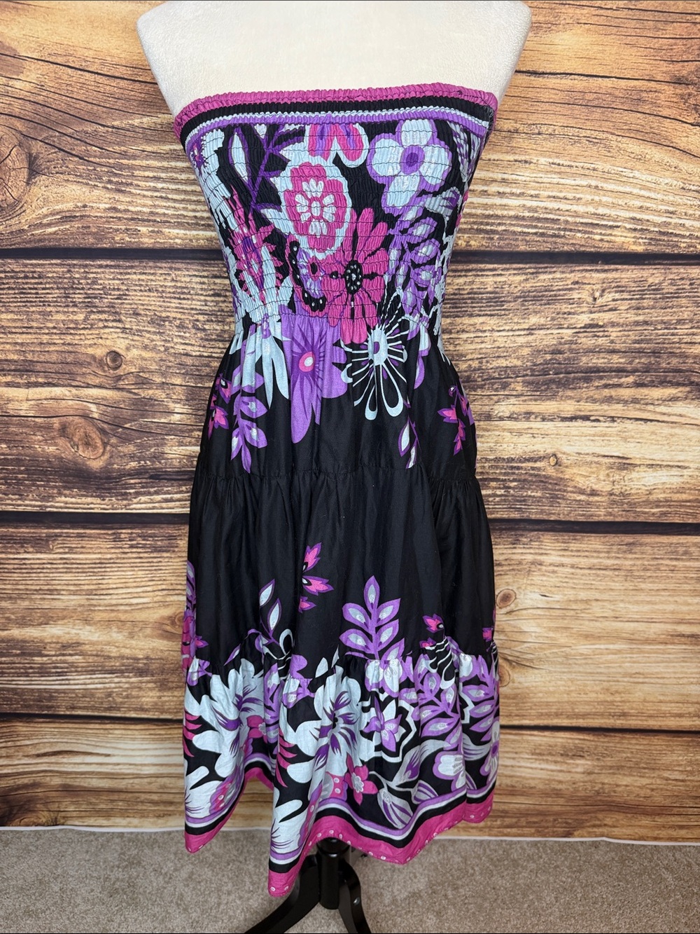 Strapless Black Floral Midi Dress with Purple & Pink Accents
